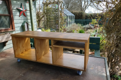 reclaimed oak storage bench on casters